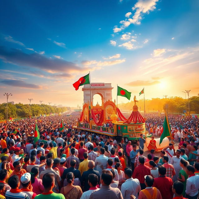 A dramatic scene depicting the Victory Day Parade on December 16th, featuring the grand 'Bijoy Boshonto' celebration in Bangladesh