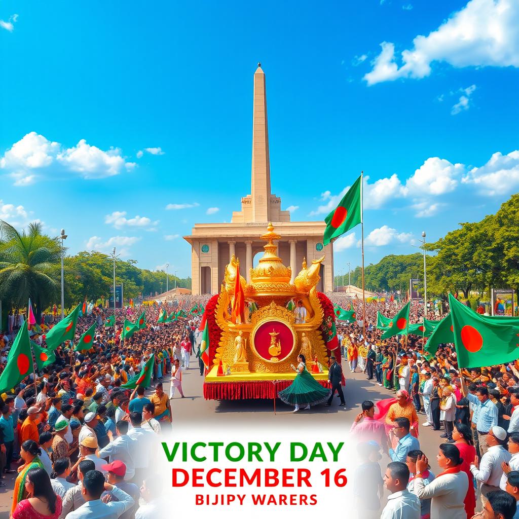 A dramatic scene depicting the Victory Day Parade on December 16th, featuring the grand 'Bijoy Boshonto' celebration in Bangladesh