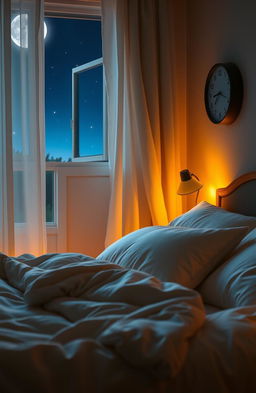 A dreamy bedroom scene with a cozy bed, fluffy pillows, and warm ambient lighting