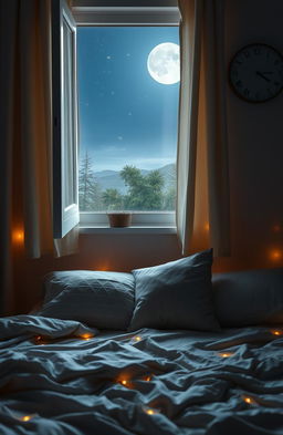 A dreamy bedroom scene with a cozy bed, fluffy pillows, and warm ambient lighting
