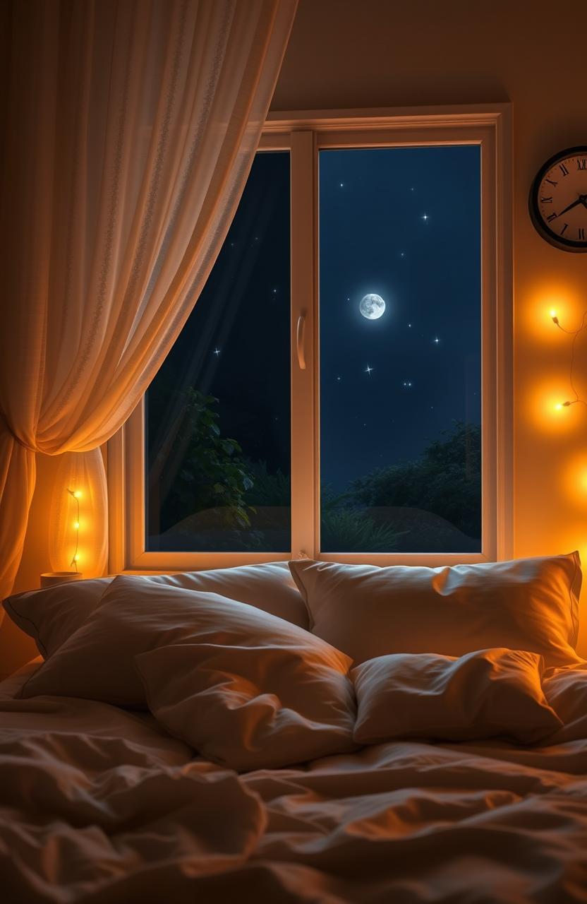 A dreamy bedroom scene with a cozy bed, fluffy pillows, and warm ambient lighting