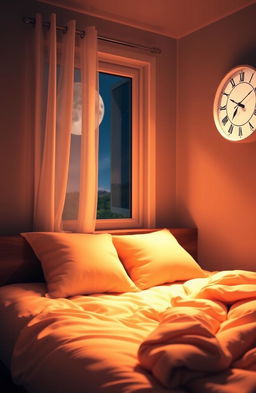 A dreamy bedroom scene with a cozy bed, fluffy pillows, and warm ambient lighting
