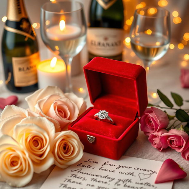 A beautiful and romantic anniversary gift setup featuring an elegant red velvet box with a sparkling diamond ring inside, surrounded by delicate roses in soft pastel colors