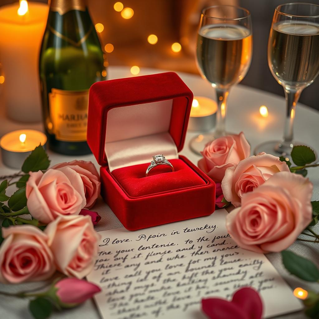 A beautiful and romantic anniversary gift setup featuring an elegant red velvet box with a sparkling diamond ring inside, surrounded by delicate roses in soft pastel colors