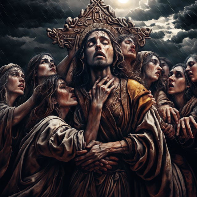 This is a digital art depiction of Jesus on the cross, surrounded by his loyal female friends