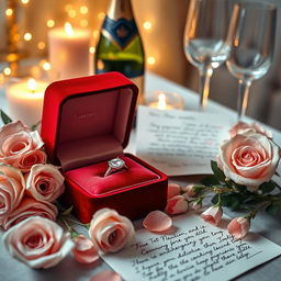 A beautiful and romantic anniversary gift setup featuring an elegant red velvet box with a sparkling diamond ring inside, surrounded by delicate roses in soft pastel colors