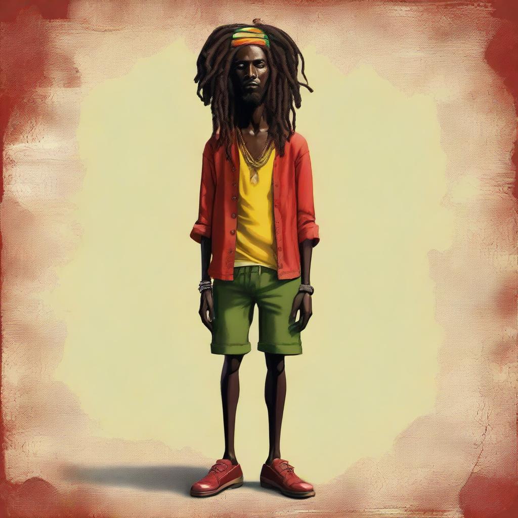 This is a whimsical, high-quality digital illustration of a dark-skinned, skinny Jamaican Rastafarian