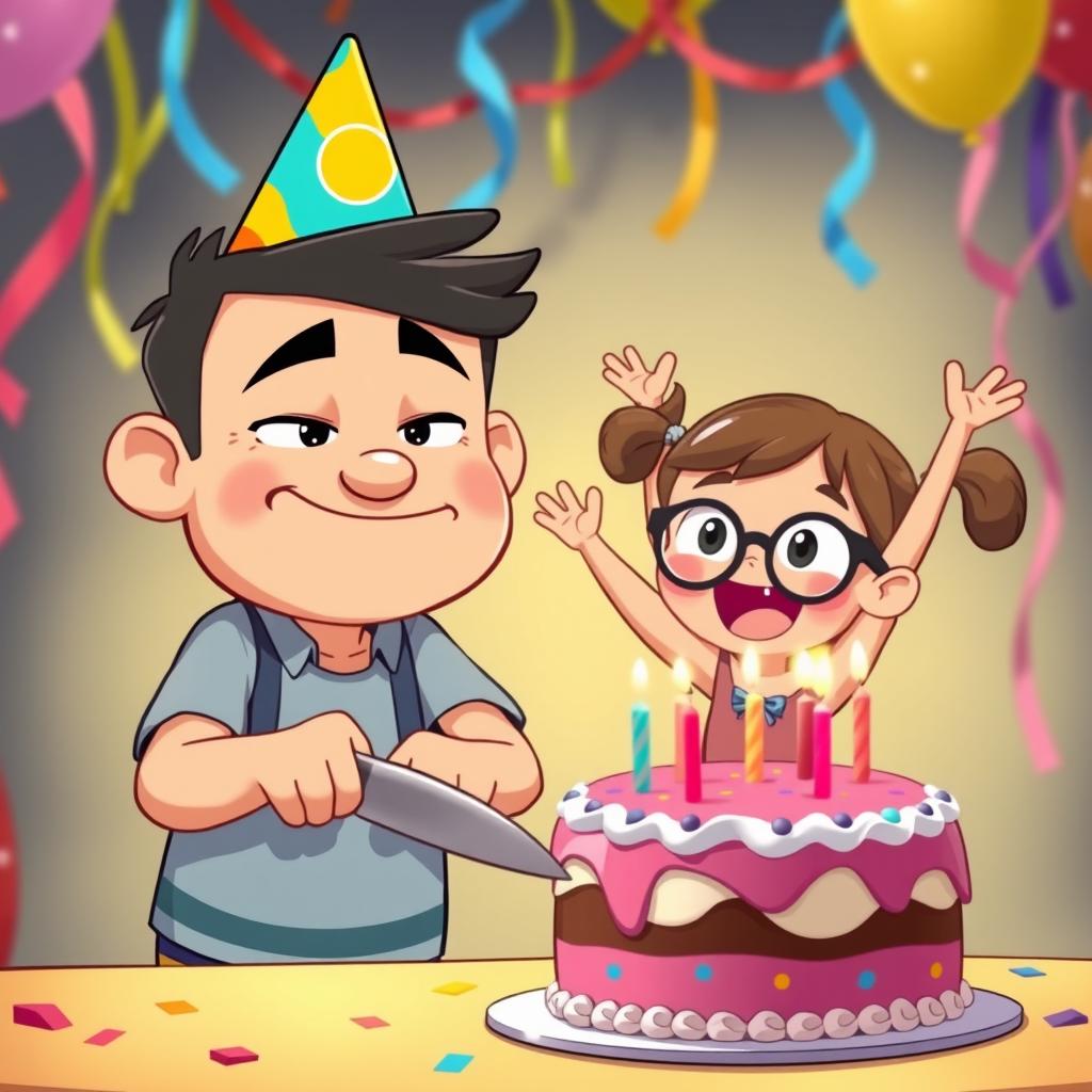 An animated scene featuring a cute guy in a birthday hat, slightly grumpy yet smiling, as he cuts his birthday cake