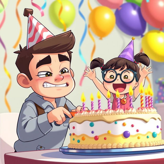 An animated scene featuring a cute guy in a birthday hat, slightly grumpy yet smiling, as he cuts his birthday cake