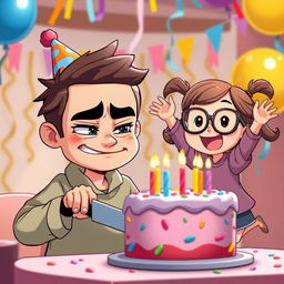An animated scene featuring a cute guy in a birthday hat, slightly grumpy yet smiling, as he cuts his birthday cake