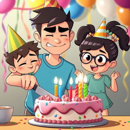 An animated scene featuring a cute guy in a birthday hat, slightly grumpy yet smiling, as he cuts his birthday cake
