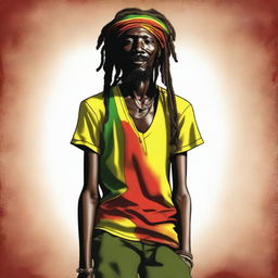 This is a whimsical, high-quality digital illustration of a dark-skinned, skinny Jamaican Rastafarian