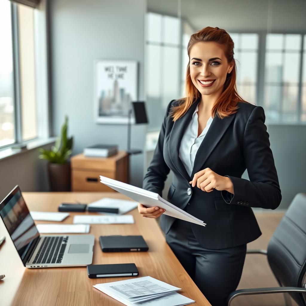 A professional setting featuring an office environment with a sleek desk, a modern laptop open with documents and stationery scattered around, motivational posters on the walls, and a window showing a city skyline in soft focus