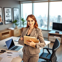 A professional setting featuring an office environment with a sleek desk, a modern laptop open with documents and stationery scattered around, motivational posters on the walls, and a window showing a city skyline in soft focus
