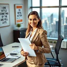 A professional setting featuring an office environment with a sleek desk, a modern laptop open with documents and stationery scattered around, motivational posters on the walls, and a window showing a city skyline in soft focus