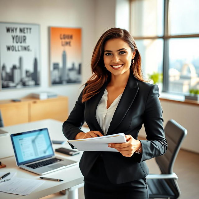 A professional setting featuring an office environment with a sleek desk, a modern laptop open with documents and stationery scattered around, motivational posters on the walls, and a window showing a city skyline in soft focus