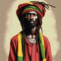 This is a whimsical, high-quality digital illustration of a dark-skinned, skinny Jamaican Rastafarian