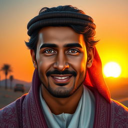 A stunning, intricately detailed digital portrait of a man named Abbas, showcasing a gentle smile, dark hair, and warm brown eyes