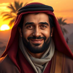 A stunning, intricately detailed digital portrait of a man named Abbas, showcasing a gentle smile, dark hair, and warm brown eyes