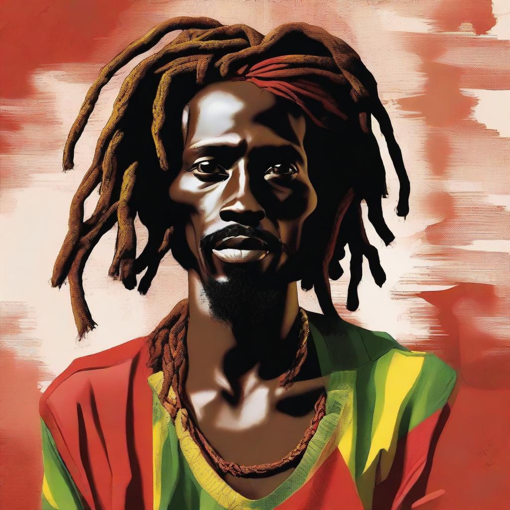 This is a whimsical, high-quality digital illustration of a dark-skinned, skinny Jamaican Rastafarian