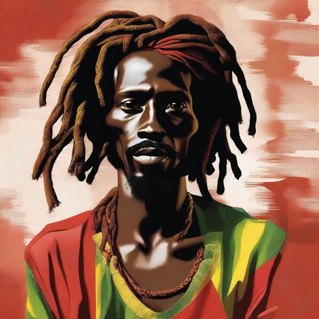 This is a whimsical, high-quality digital illustration of a dark-skinned, skinny Jamaican Rastafarian