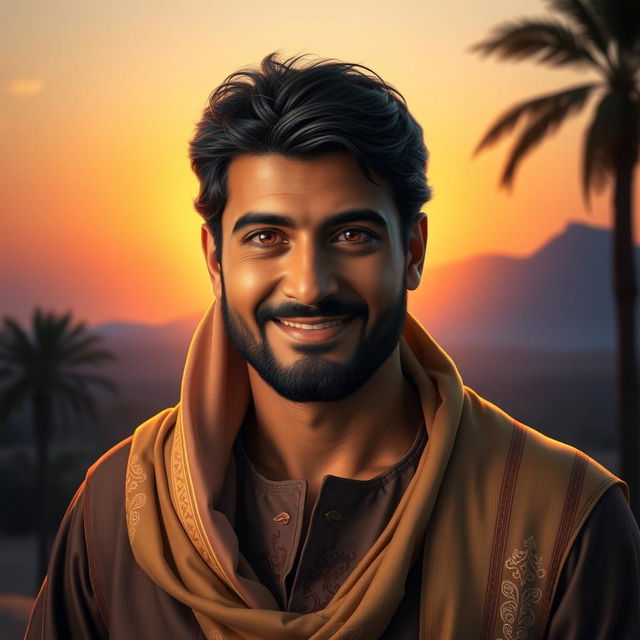A stunning, intricately detailed digital portrait of a man named Abbas, showcasing a gentle smile, dark hair, and warm brown eyes