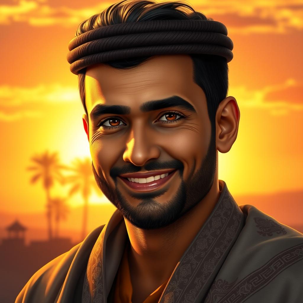 A stunning, intricately detailed digital portrait of a man named Abbas, showcasing a gentle smile, dark hair, and warm brown eyes