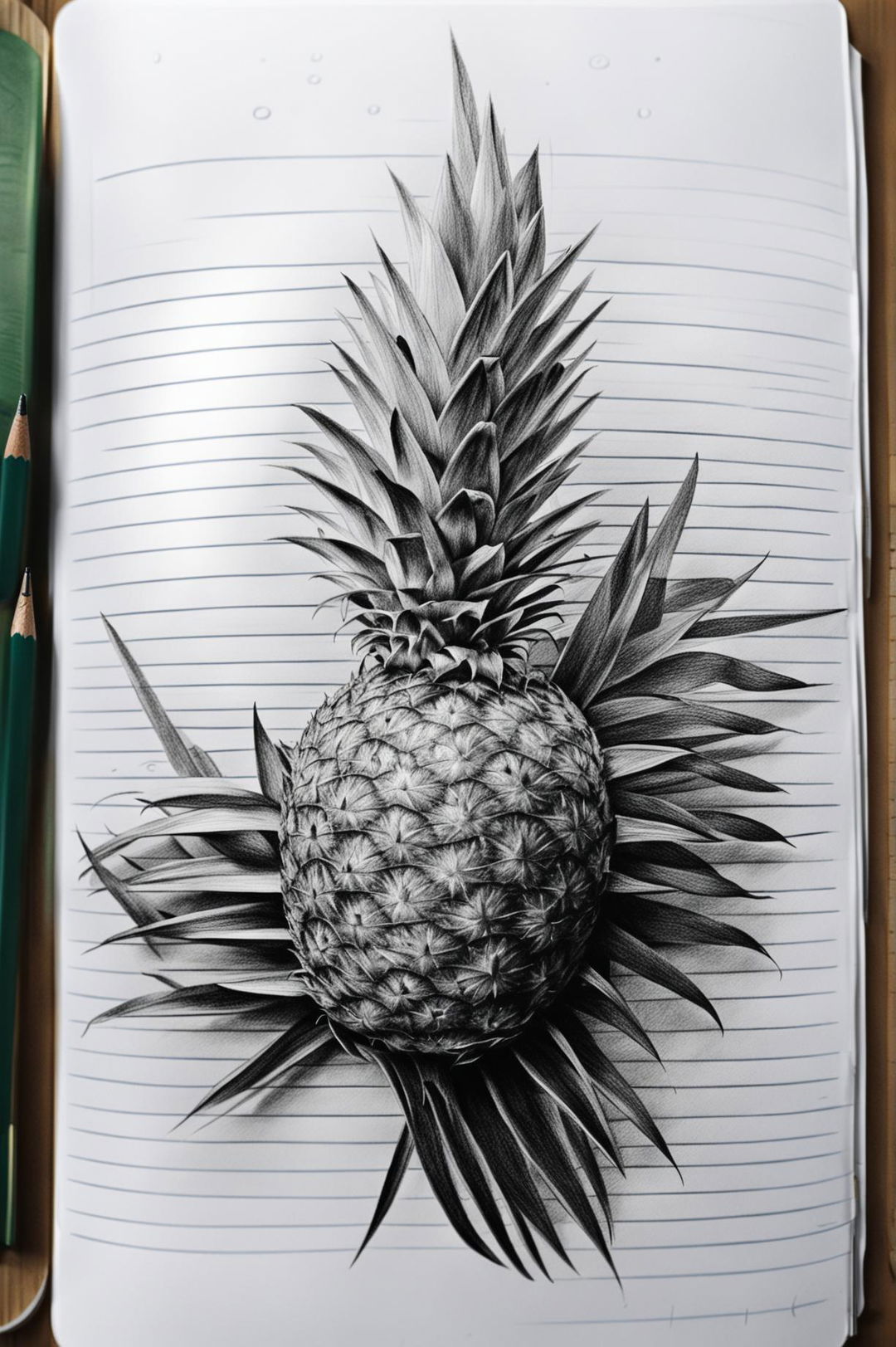 An intricate pencil drawing of a pineapple on a lined pad