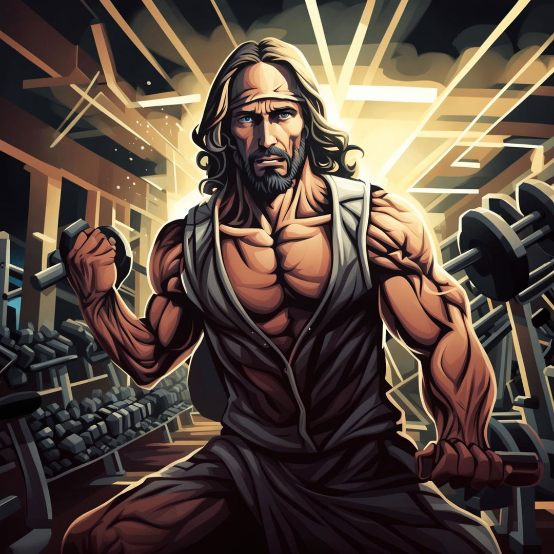 A high-quality digital art image showing Jesus in a modern gym, his muscles rippling with strength