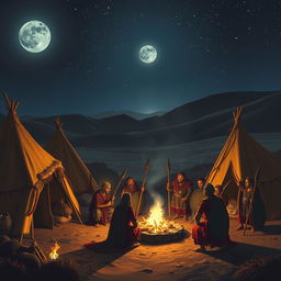 A nighttime scene depicting a Midianite encampment from the biblical story of Gideon