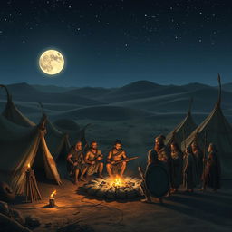 A nighttime scene depicting a Midianite encampment from the biblical story of Gideon