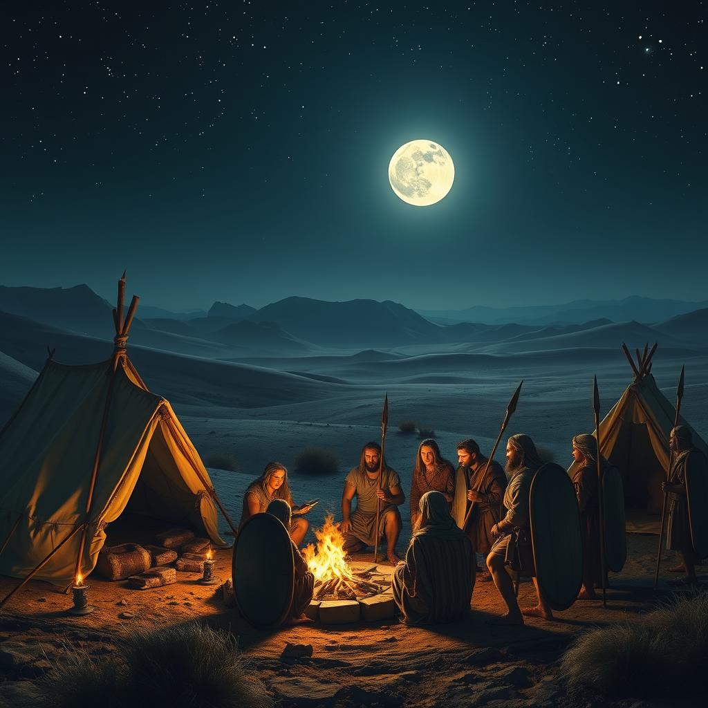 A nighttime scene depicting a Midianite encampment from the biblical story of Gideon
