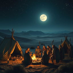 A nighttime scene depicting a Midianite encampment from the biblical story of Gideon