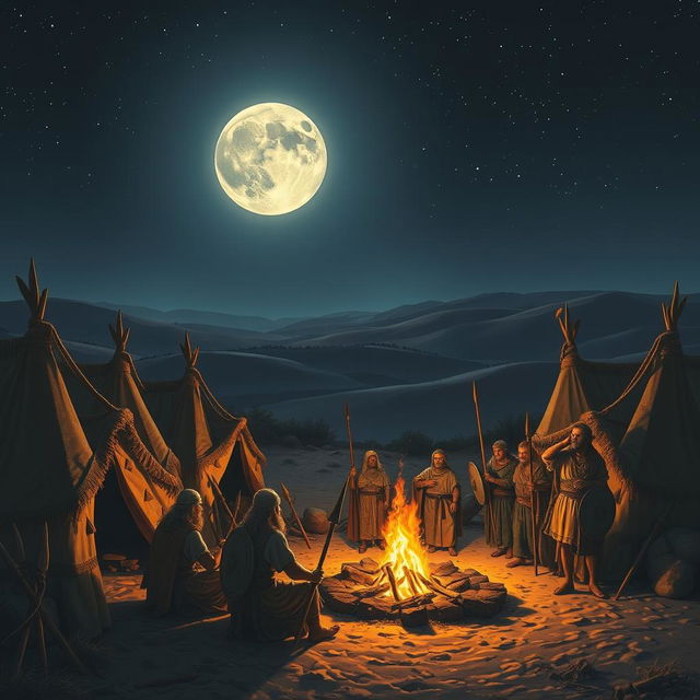 A nighttime scene depicting a Midianite encampment from the biblical story of Gideon