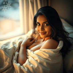 A stunningly beautiful Indian woman in her 30s, lounging gracefully on a bed, wrapped in a soft, warm bedsheet