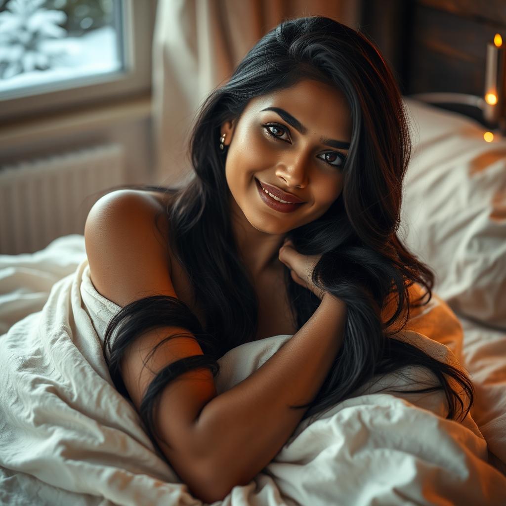 A stunningly beautiful Indian woman in her 30s, lounging gracefully on a bed, wrapped in a soft, warm bedsheet