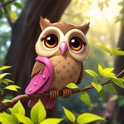 An adorable animated brown owl wearing a pink and purple outfit, with big expressive eyes and cartoonish features, perched on a branch among vibrant green leaves