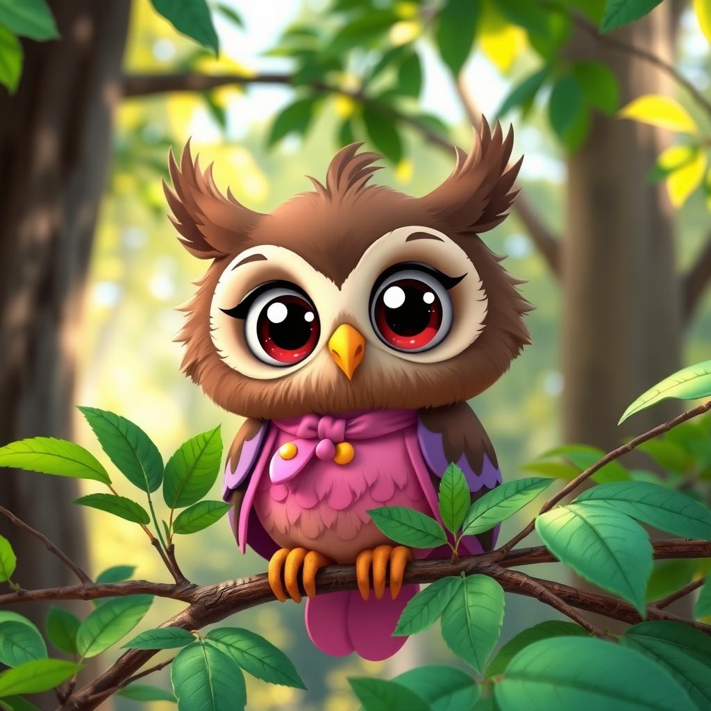 An adorable animated brown owl wearing a pink and purple outfit, with big expressive eyes and cartoonish features, perched on a branch among vibrant green leaves