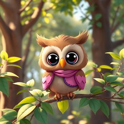 An adorable animated brown owl wearing a pink and purple outfit, with big expressive eyes and cartoonish features, perched on a branch among vibrant green leaves