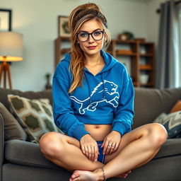 A full-body portrait of a 26-year-old woman with long light brown hair styled in a messy ponytail