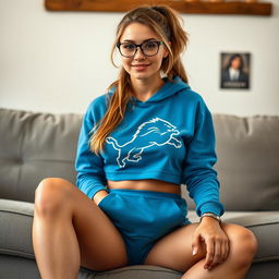 A full-body portrait of a 26-year-old woman with long light brown hair styled in a messy ponytail