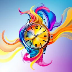 A visually stunning abstract art piece featuring a vibrant flow of colors emanating from a watch