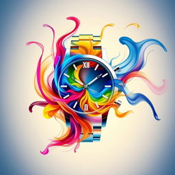 A visually stunning abstract art piece featuring a vibrant flow of colors emanating from a watch