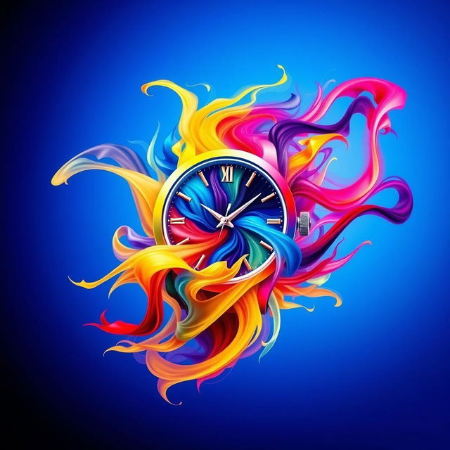 A visually stunning abstract art piece featuring a vibrant flow of colors emanating from a watch