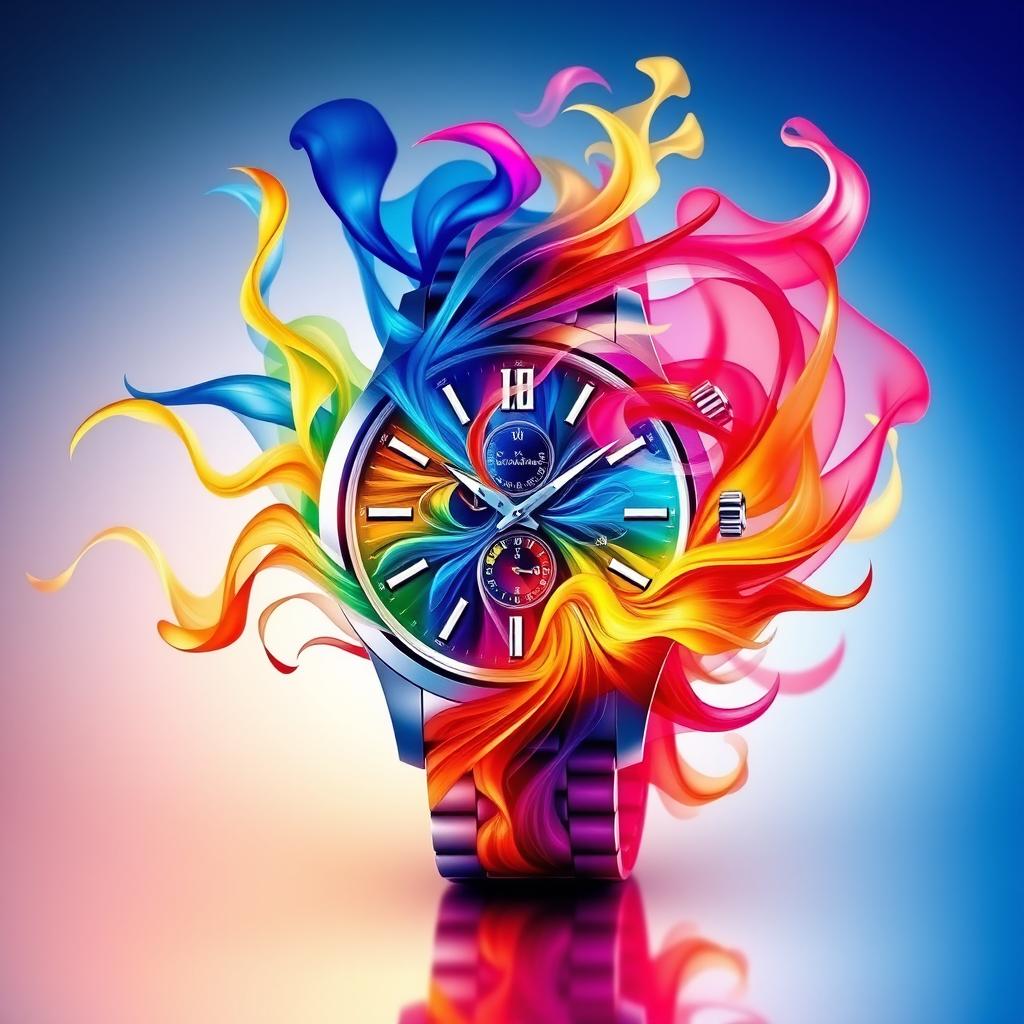 A visually stunning abstract art piece featuring a vibrant flow of colors emanating from a watch