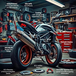 A dynamic and visually appealing digital artwork showcasing a custom motorcycle being upgraded with various high-performance parts