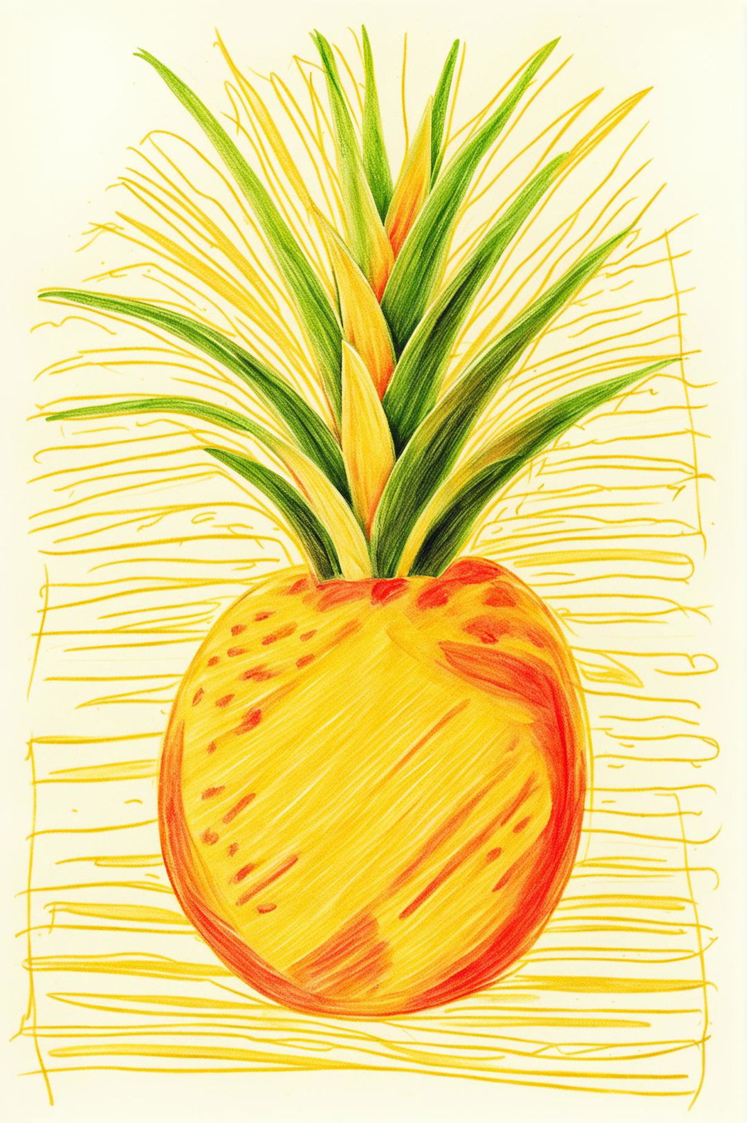 A simple, charming crayon drawing of a pineapple, done in a childlike style