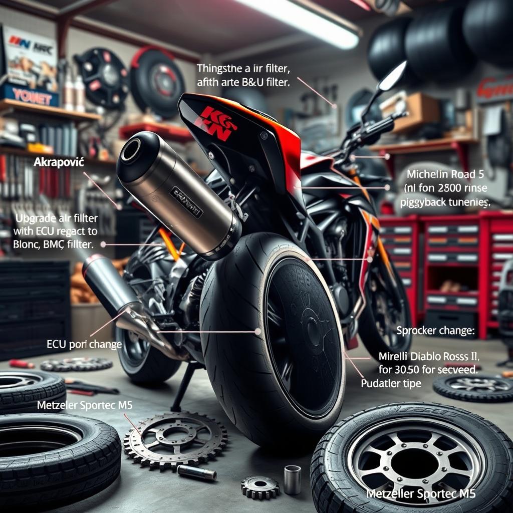 A dynamic and visually appealing digital artwork showcasing a custom motorcycle being upgraded with various high-performance parts