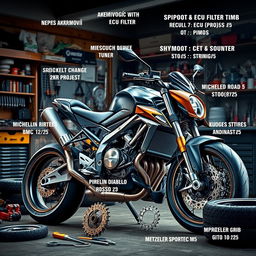 A dynamic and visually appealing digital artwork showcasing a custom motorcycle being upgraded with various high-performance parts