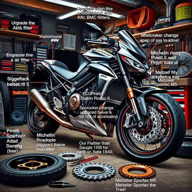 A dynamic and visually appealing digital artwork showcasing a custom motorcycle being upgraded with various high-performance parts